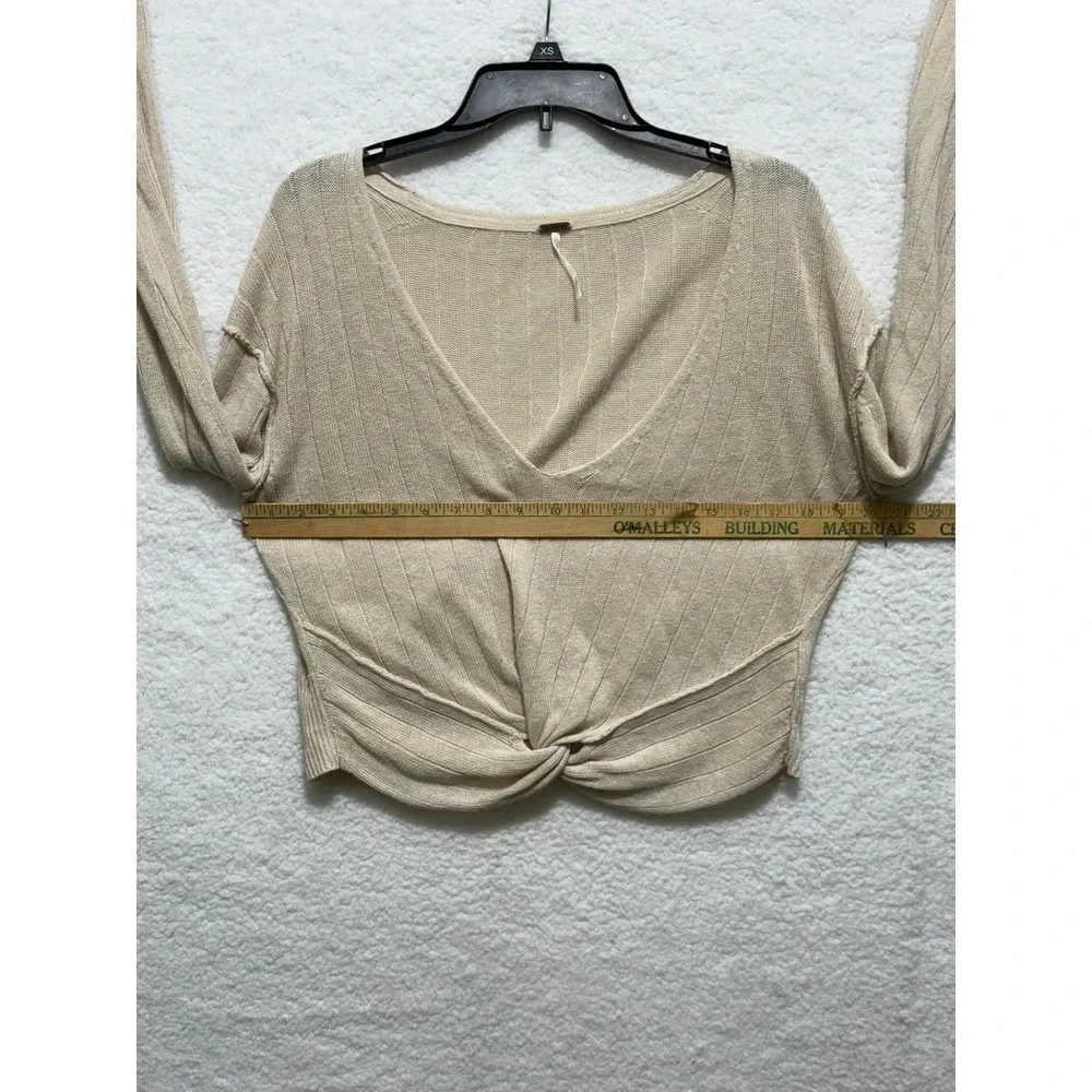 Free People Knot Front Long Sleeve Top Ribbed Knit‎ Crop Beige Medium